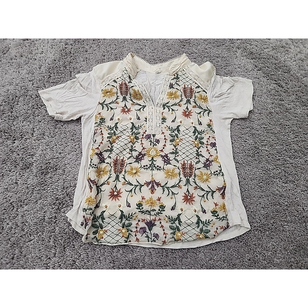 Anthropologie TINY Blouse Women XS Off White Embroidered V-Neck Boho
